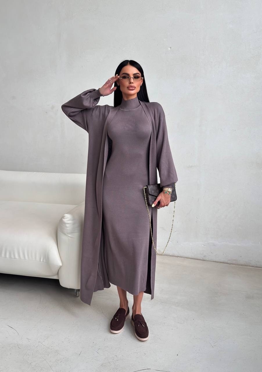 костюм двойка женский платье кардиган,двойка платье и кардиган,платье кардиган,платье лапша с кардиганом,костюм whiteroom женский двойка: платье с кардиганом и поясом темно-серый