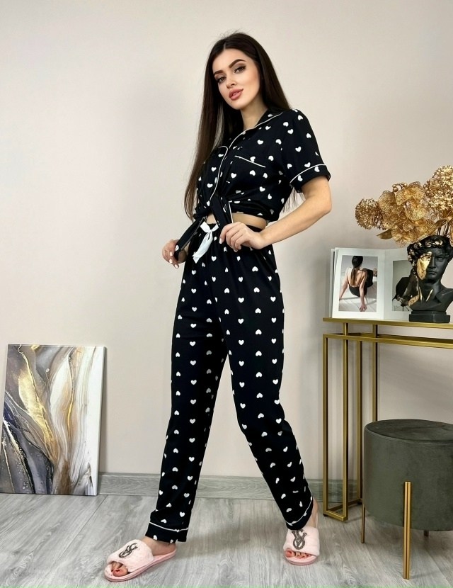 женская пижама со штанами и рубашкой с сердечками,женская пижама,домашняя пижама со штанами и рубашкой с сердечками q&h fashion,пижама,пижама со штанами и рубашкой с сердечками