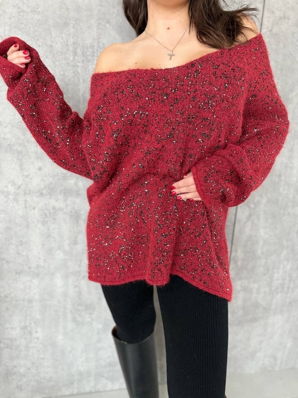 джемпер вязаный женский крупной вязки с пайетками бордовый,кофта женская,бордовый свитер,джемпер женский,вязаный свитер