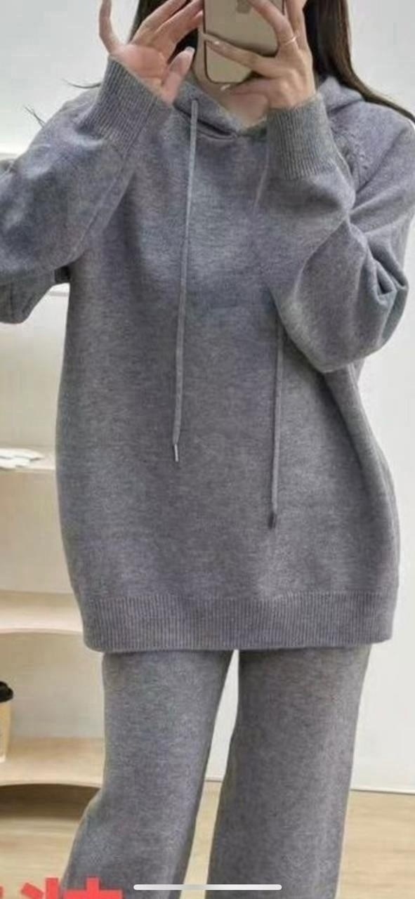 женский свободный вязаный шерстяной костюм с прямыми штанинами с капюшоном,трикотажный костюм,женский трикотажный костюм,вязаные костюмы,шерстяной костюм с капюшоном женский