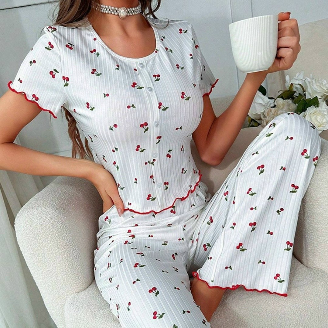 женская пижама,комплект пижама,пижама с принтом,пижама для женщин,женская элегантная пижама с принтом вишни