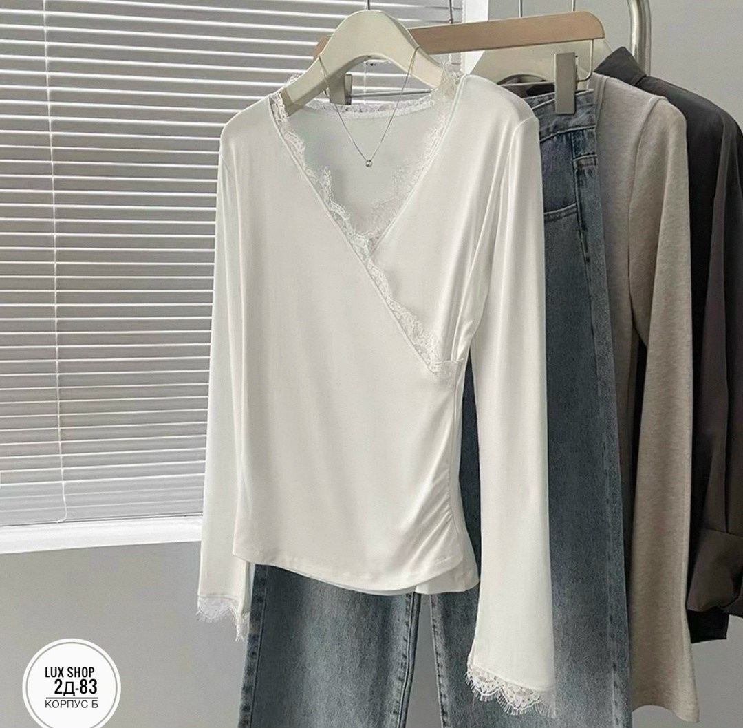 кружевная блузка,женская трикотажная футболка с длинным рукавом и v-образным вырезом,кофта трикотаж,кружевная футболка,кружевная футболка женская белая