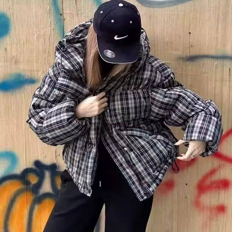 куртка теплая,женская зимняя куртка,куртка женская,зимний женский повседневный свободный пуховик в клетку с капюшоном,куртка зима