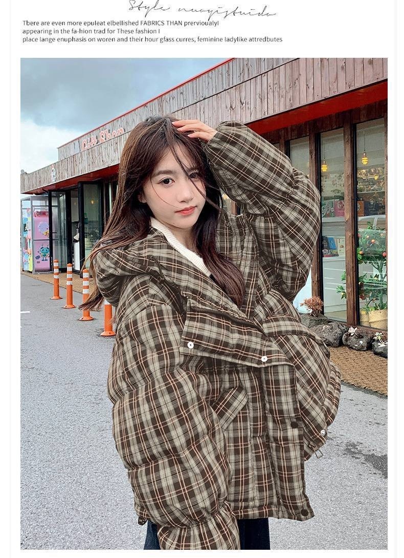 куртка теплая,женская зимняя куртка,куртка женская,зимний женский повседневный свободный пуховик в клетку с капюшоном,куртка зима