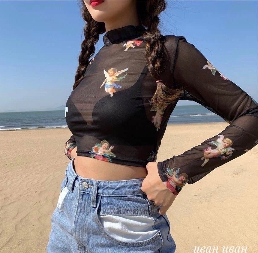 полупрозрачная водолазка с принтом,женская прозрачная блузка с длинным рукавом,сетчатая футболка с длинными рукавами,топ с длинными рукавами,прозрачная блузка