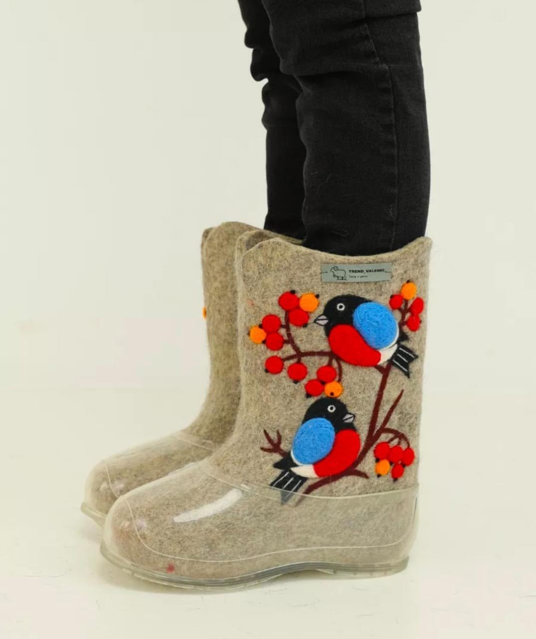 валенки серые с вышивкой 2 снегиря trend_valenki,валенки детские,валенки,валенки для детей,валенки со снегирями