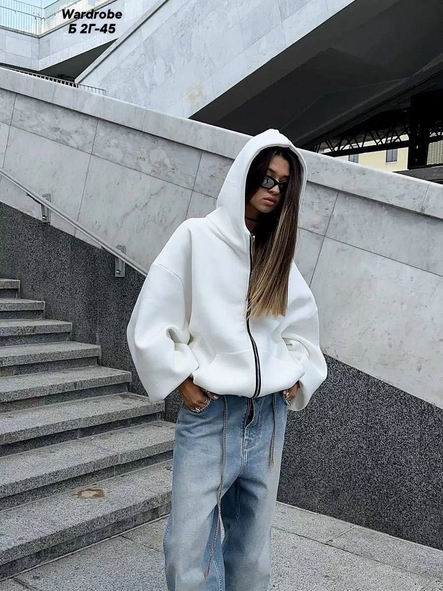 худи оверсайз с молнией,зип худи на молнии оверсайз с принтом,толстовка женская,зип худи на молнии оверсайз с принтом цвет белый,худи оверсайз
