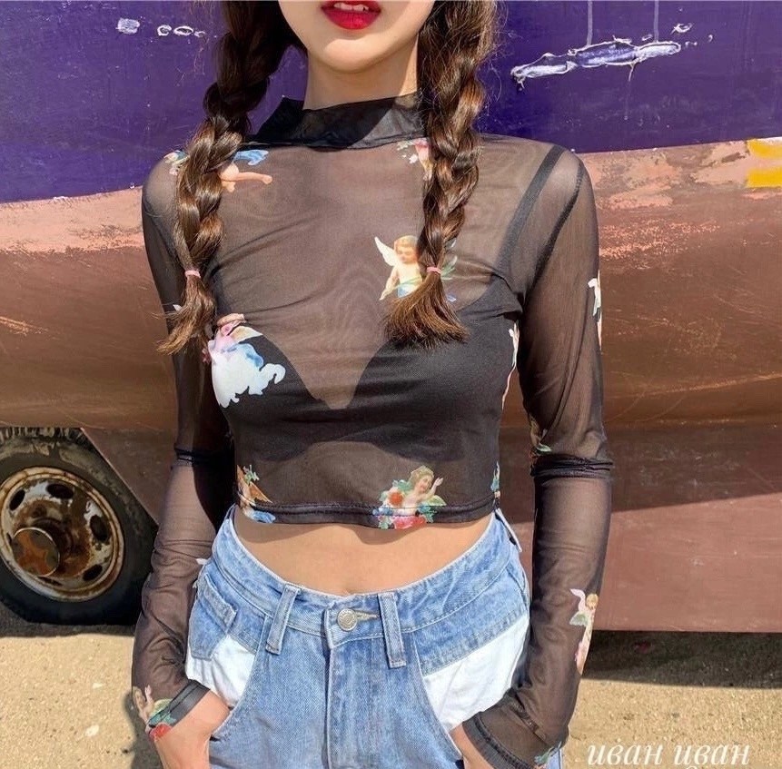 полупрозрачная водолазка с принтом,женская прозрачная блузка с длинным рукавом,сетчатая футболка с длинными рукавами,топ с длинными рукавами,прозрачная блузка