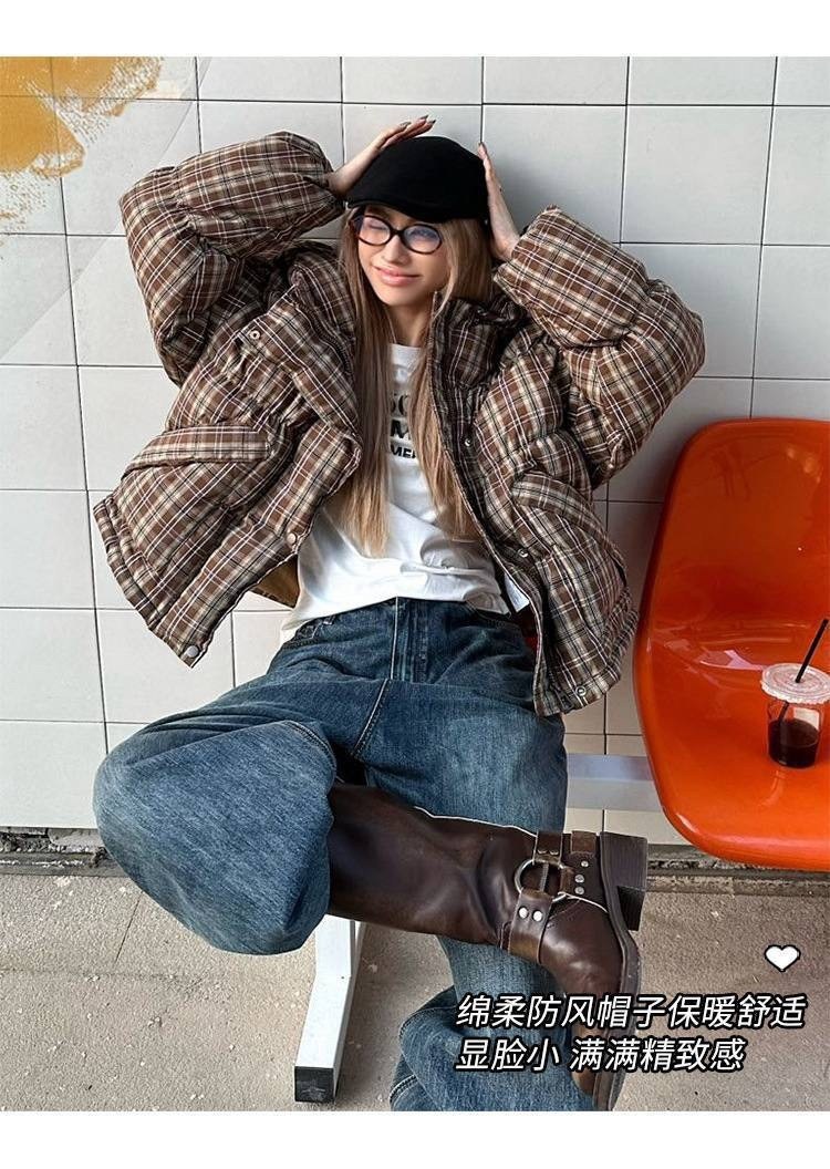 куртка теплая,женская зимняя куртка,куртка женская,зимний женский повседневный свободный пуховик в клетку с капюшоном,куртка зима