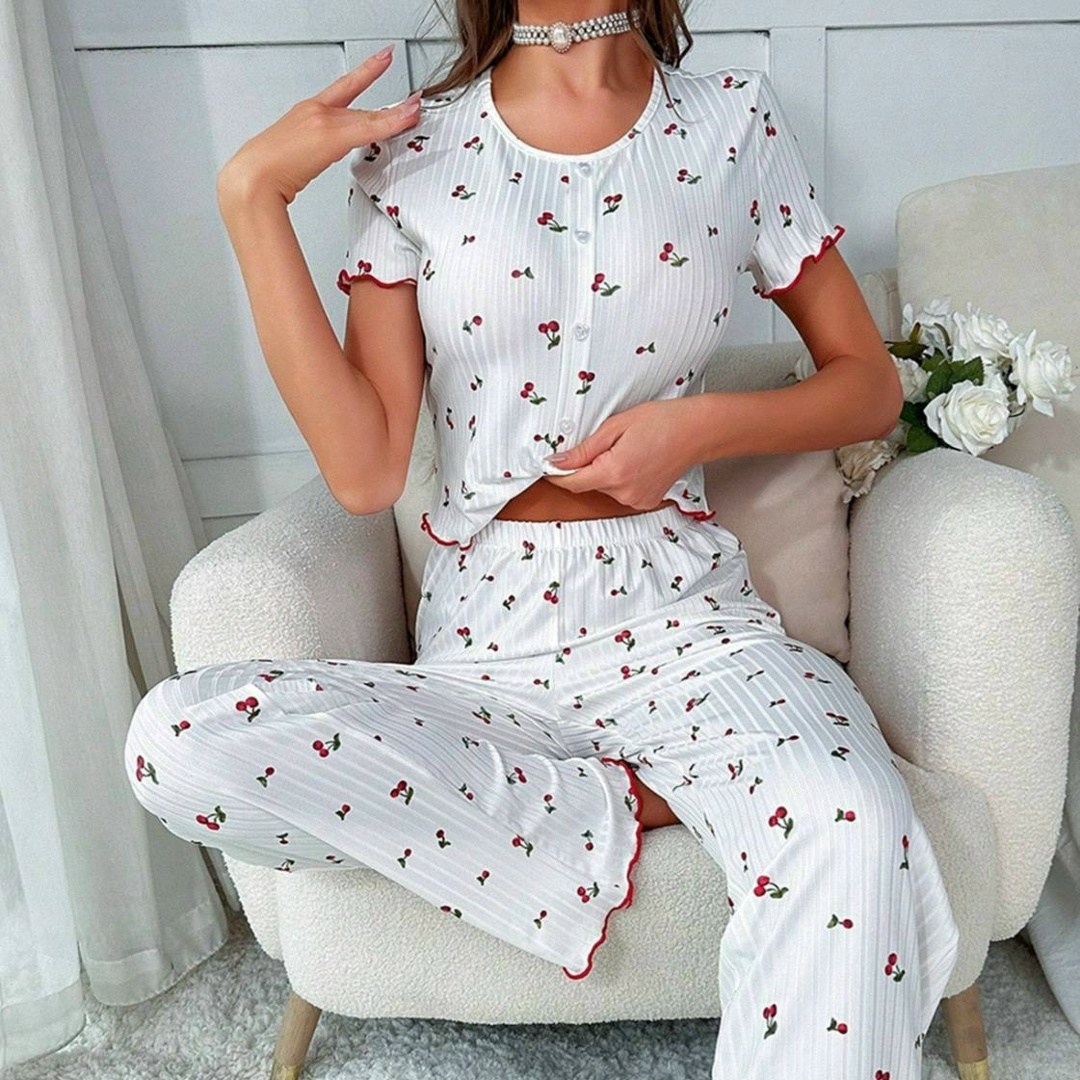 женская пижама,комплект пижама,пижама с принтом,пижама для женщин,женская элегантная пижама с принтом вишни