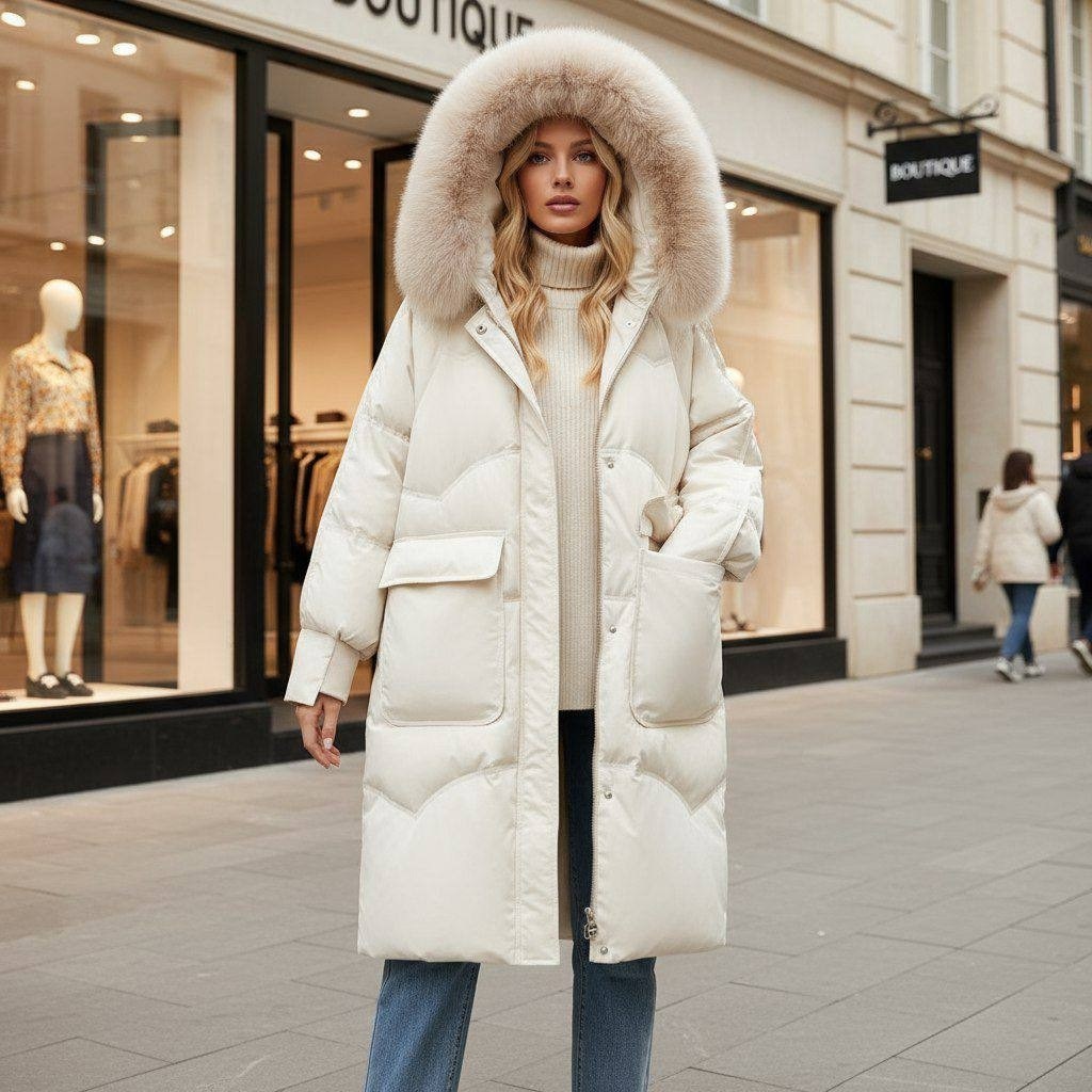 пуховик зимний женский,женский пуховик,женский длинный пуховик ly varey lin,пуховик белый женский,белый пуховик с мехом