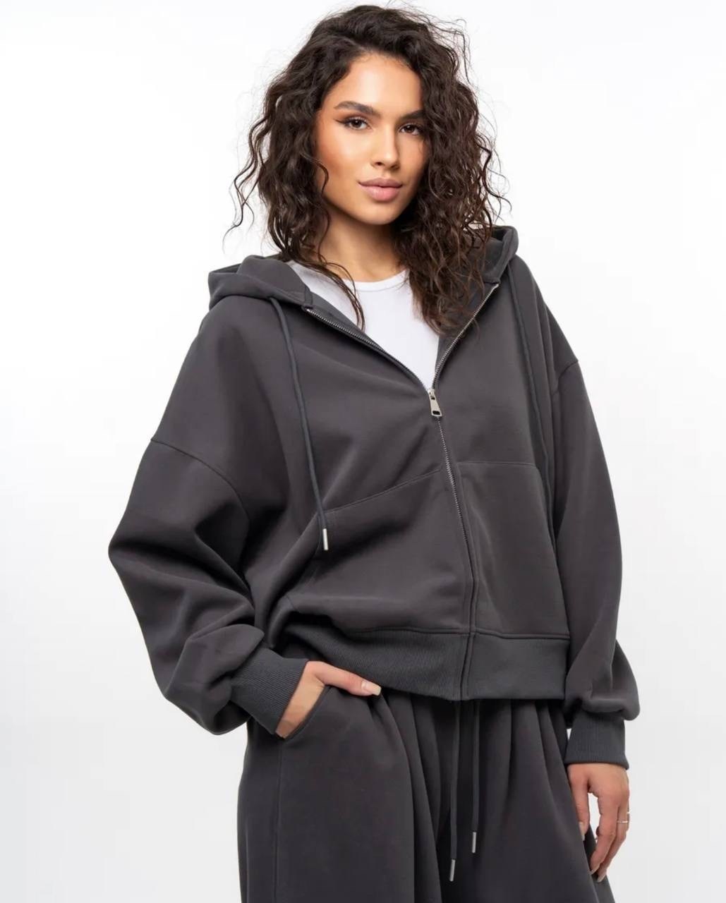 спортивный костюм на молнии без начеса оверсайз modern_girlie цвет графит,костюм оверсайз,костюм из футера графит женский,брюки из футера,широкие трикотажные брюки