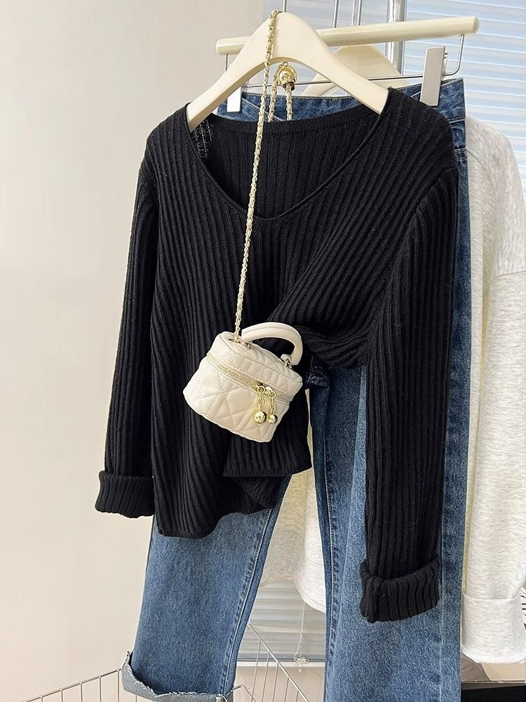 женский трикотажный свитер с v образным вырезом,женский свободный пуловер ardm,женский свитер,модный женский свитер,свитер модный