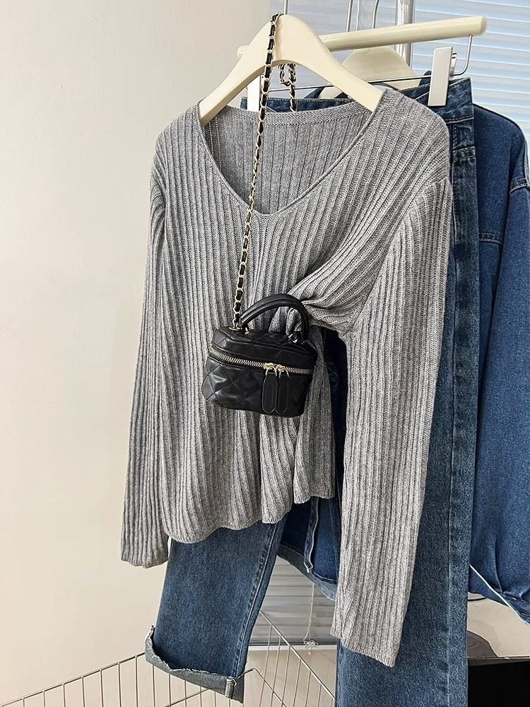 женский трикотажный свитер с v образным вырезом,женский свободный пуловер ardm,женский свитер,модный женский свитер,свитер модный