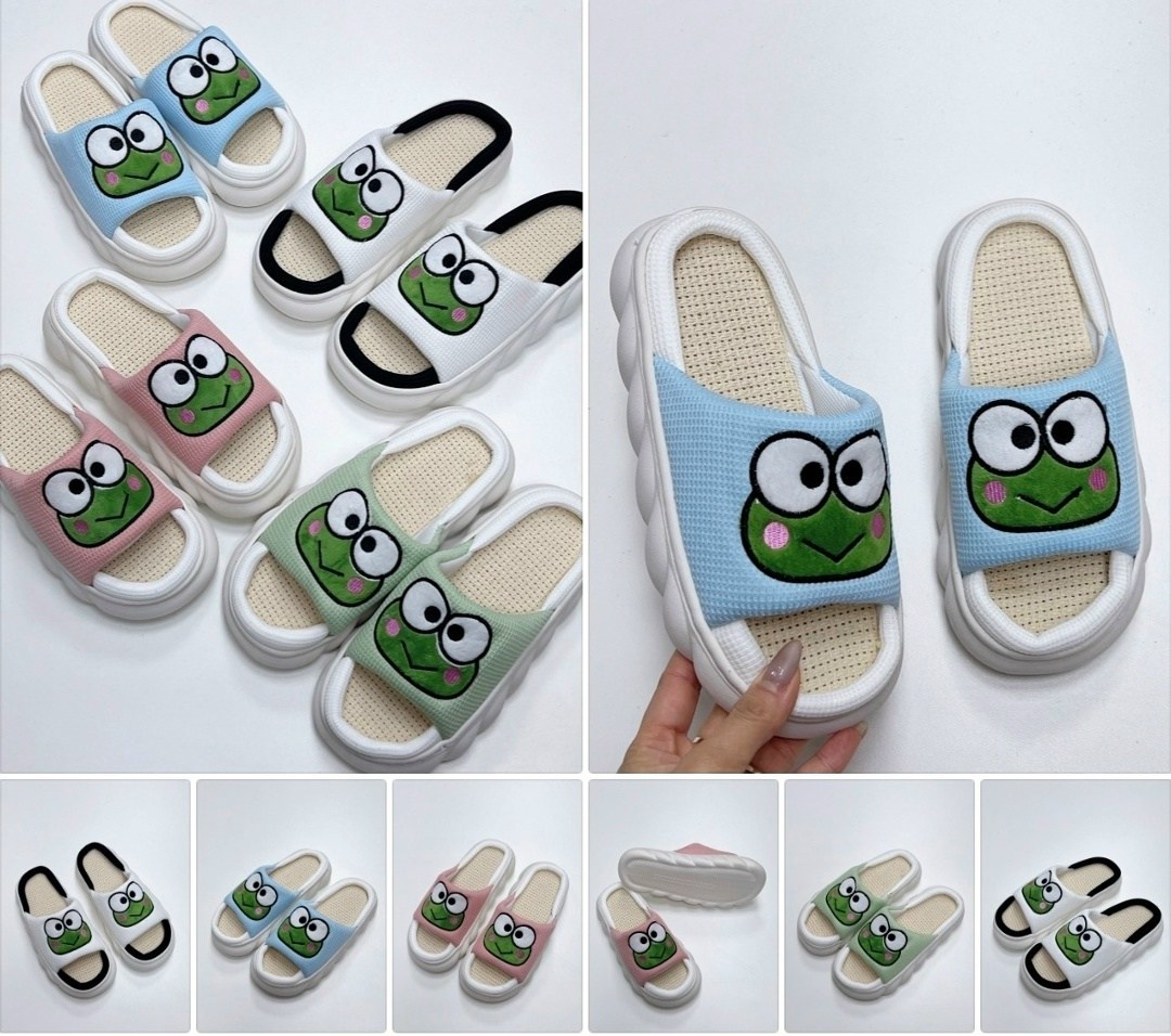 домашние тапочки,новые милые льняные тапочки с лягушкой,тапочки с лягушками милые,тапочки домашние лягушки летние шлепки dayasha,милые тапочки
