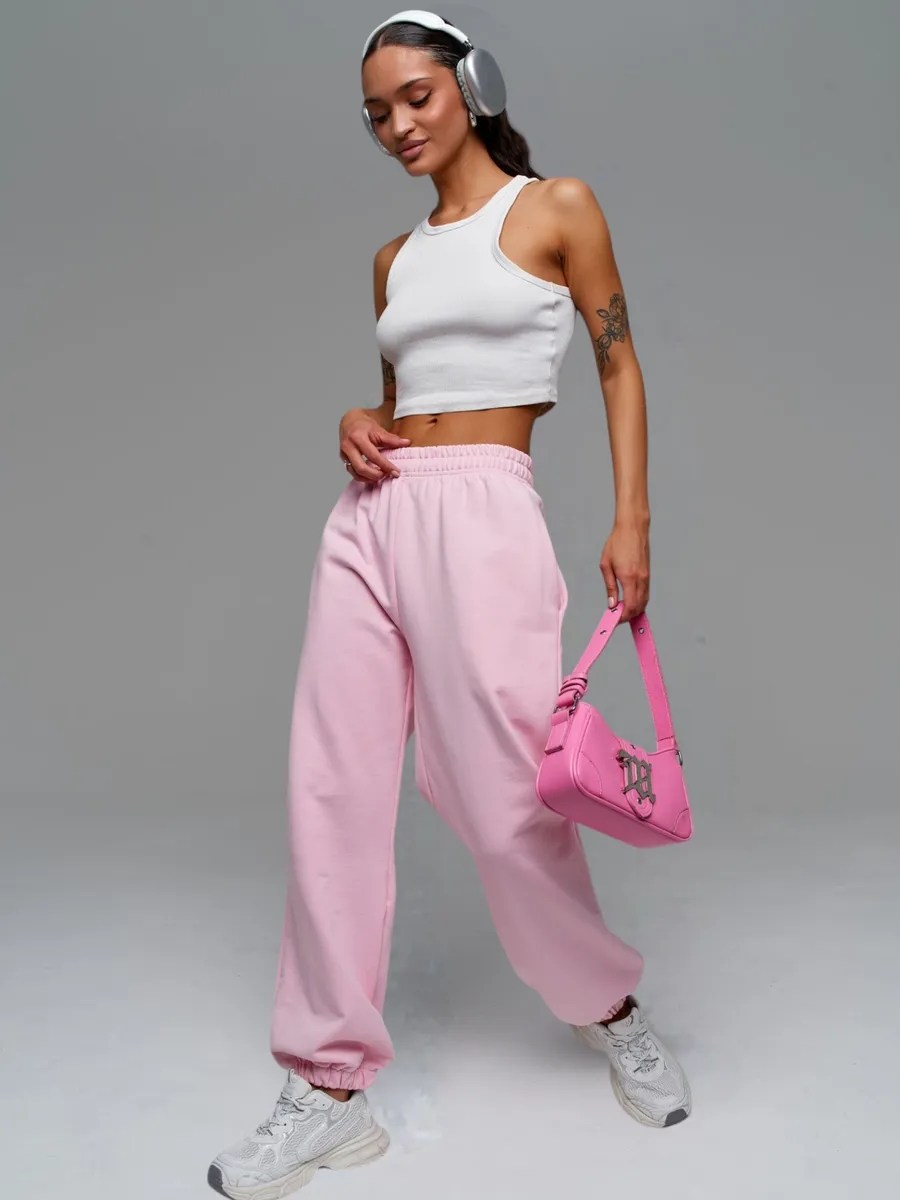 брюки розовые,розовые спортивные штаны,розовые штаны,женские спортивные штаны,женские свободные спортивные штаны с высокой талией