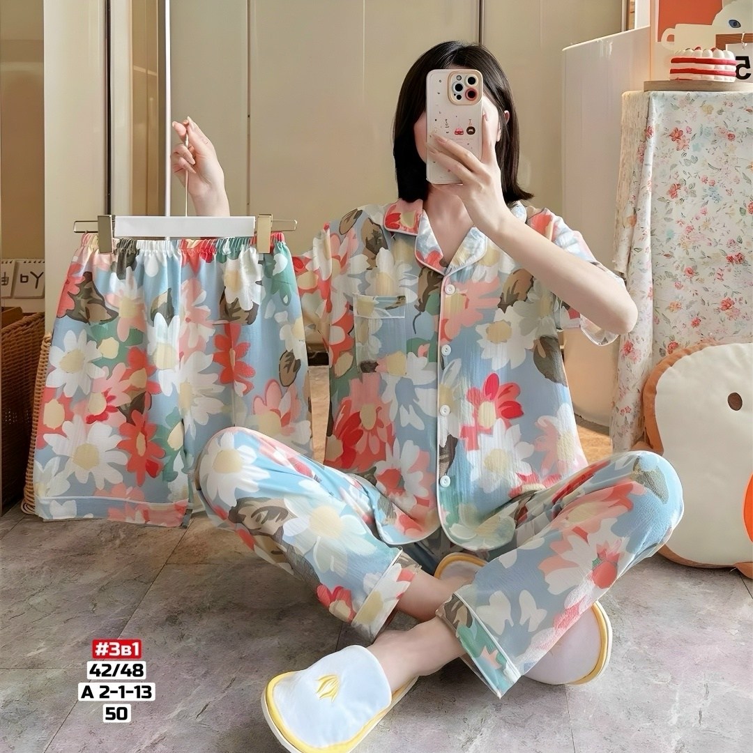 пижама муслиновая 3 в 1 с рубашкой шортами и штанами elmira_home,пижама женская ,пижама женская тройка,женская пижама комплект,комплект пижама