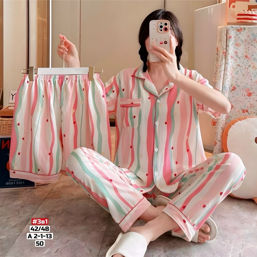 пижама муслиновая 3 в 1 с рубашкой шортами и штанами elmira_home,пижама женская ,пижама женская тройка,женская пижама комплект,комплект пижама