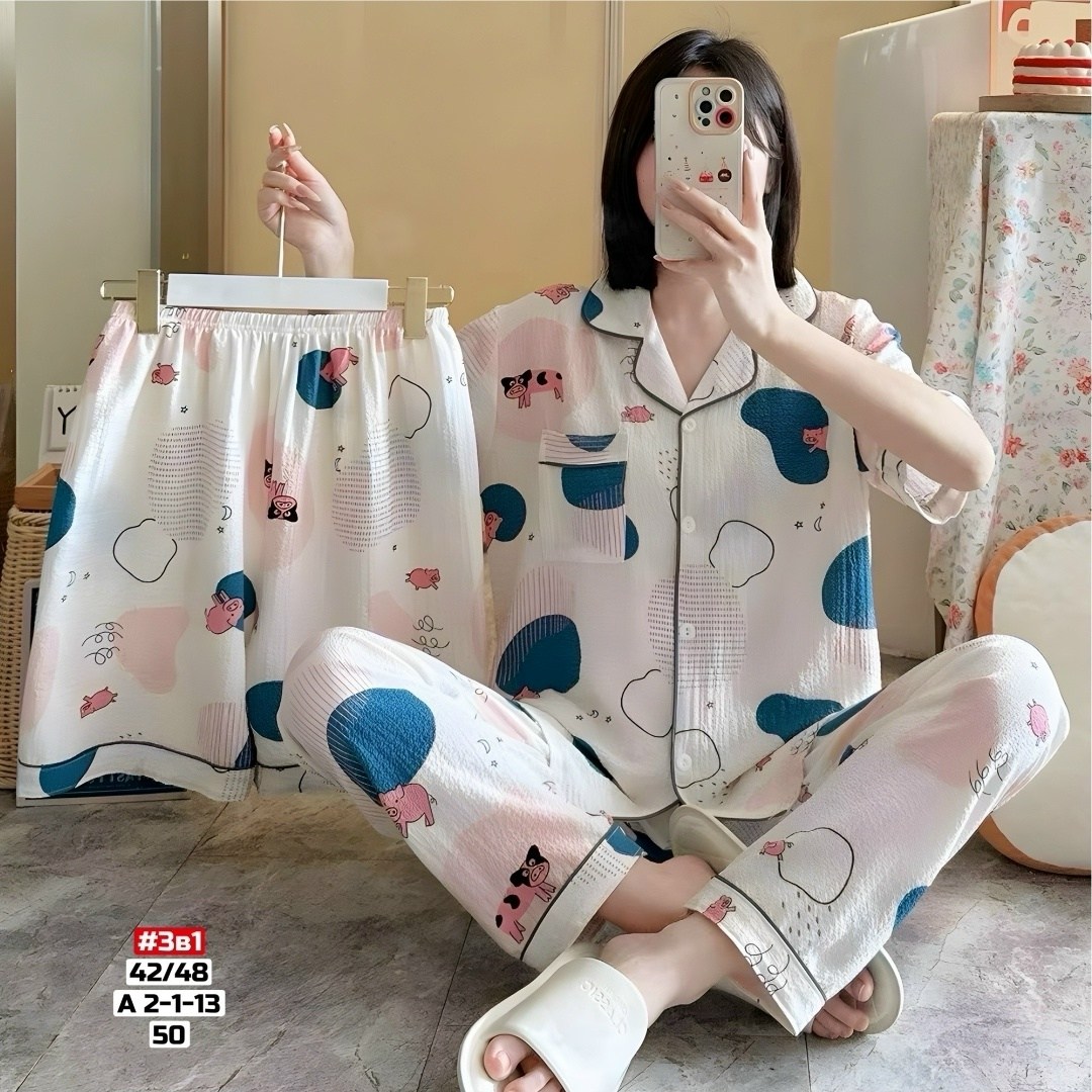 пижама муслиновая 3 в 1 с рубашкой шортами и штанами elmira_home,пижама женская ,пижама женская тройка,женская пижама комплект,комплект пижама