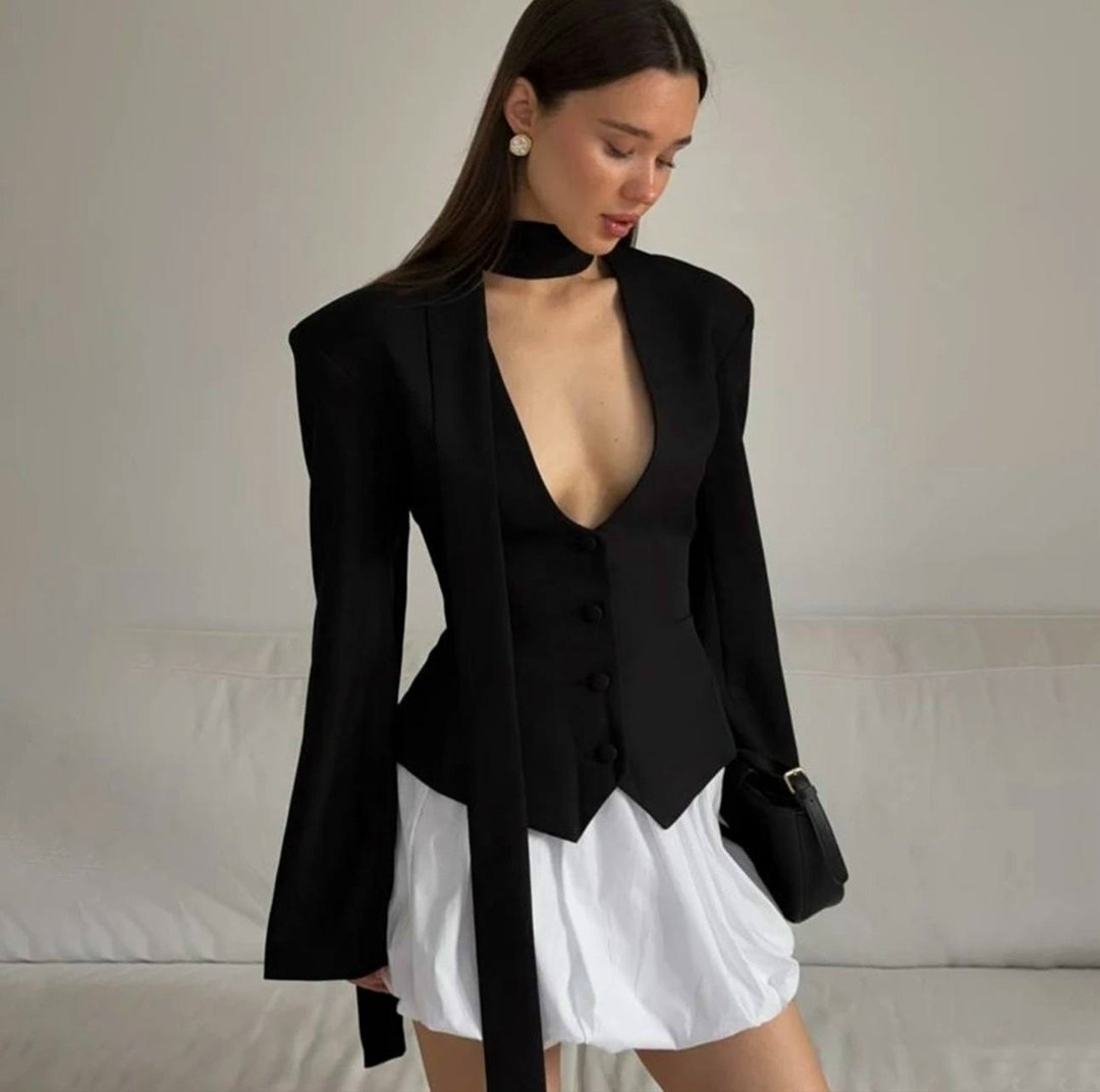 пиджак,пиджак приталенный с шарфом укороченный ln brand цвет черный,пиджак приталенный,женские пиджаки необычного кроя,жакет с баской