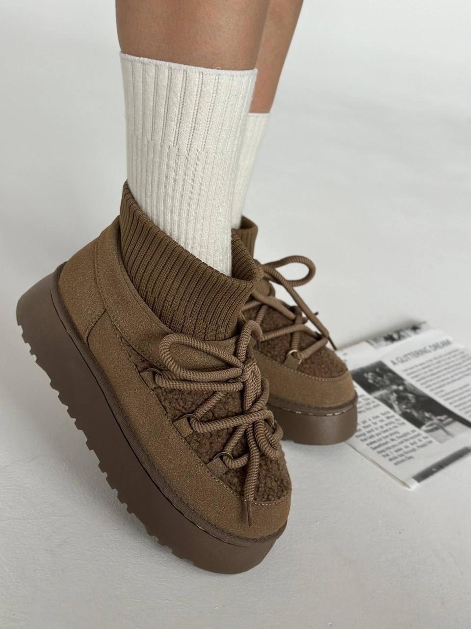 угги луноходы зимние из натуральной замши karida,,угги женские,зимние ботинки inuikii classic low platform коричневый, женская