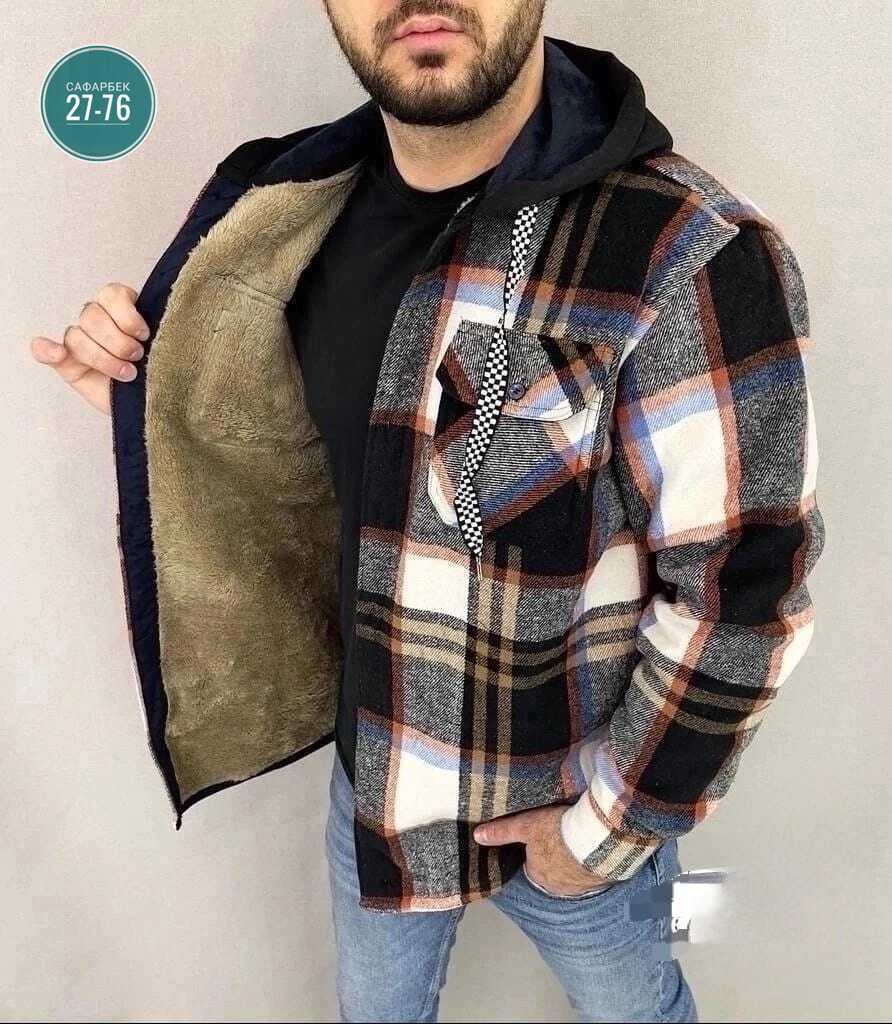 рубашка на меху зимняя в клетку,куртка для мужчин на флисе в клетку,рубашка теплая на флисе,рубашка с капюшоном,куртка рубашка на меху мужская