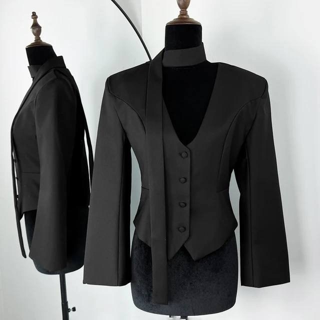 пиджак,пиджак приталенный с шарфом укороченный ln brand цвет черный,пиджак приталенный,женские пиджаки необычного кроя,жакет с баской