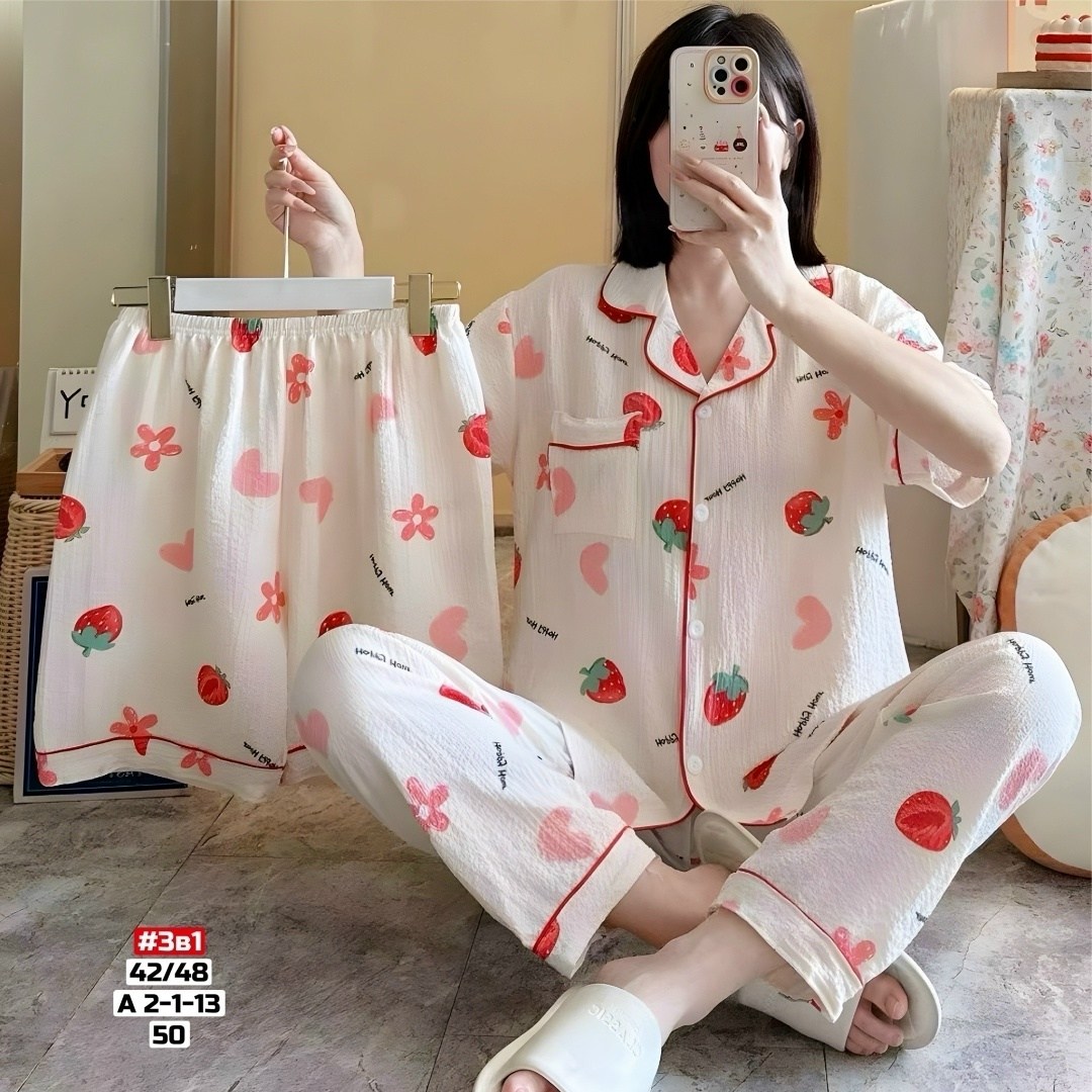 пижама муслиновая 3 в 1 с рубашкой шортами и штанами elmira_home,пижама женская ,пижама женская тройка,женская пижама комплект,комплект пижама