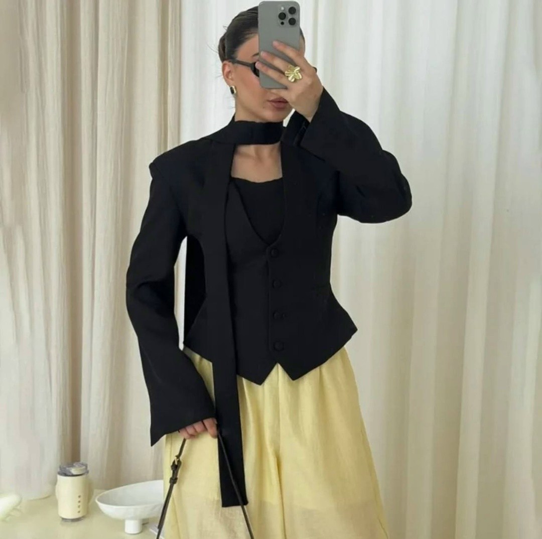 пиджак,пиджак приталенный с шарфом укороченный ln brand цвет черный,пиджак приталенный,женские пиджаки необычного кроя,жакет с баской