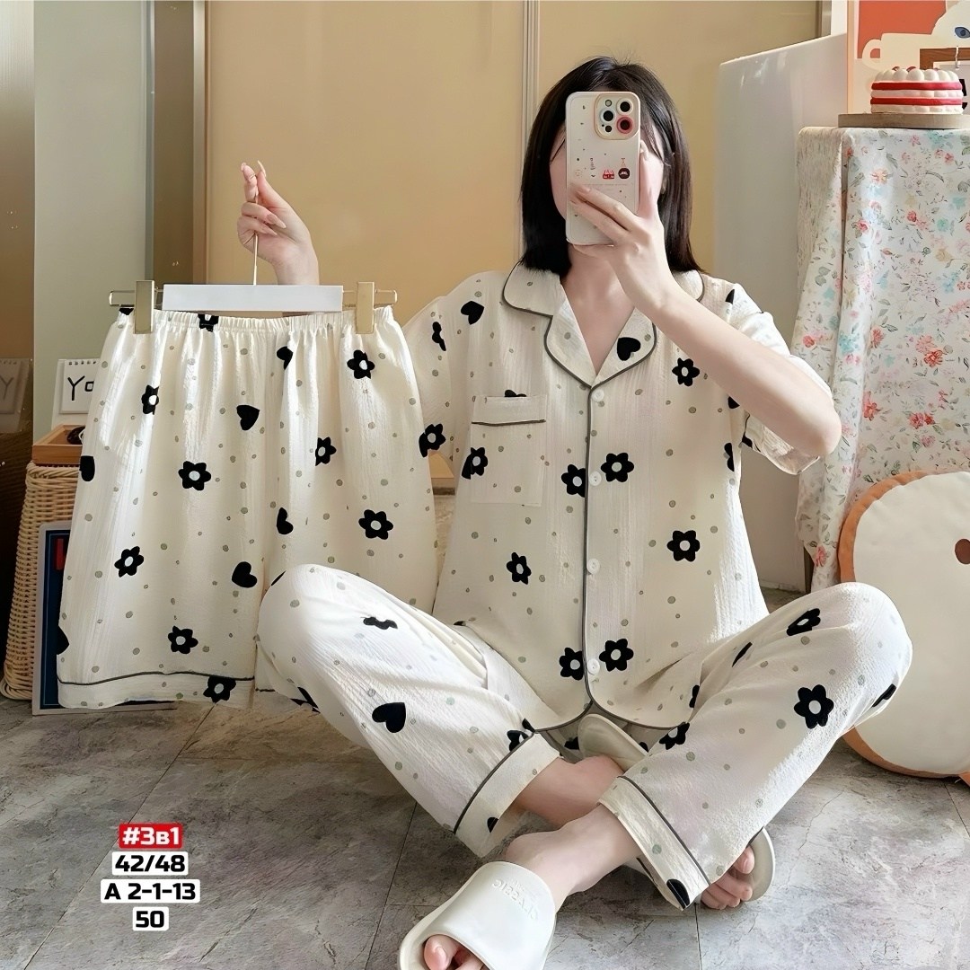 пижама муслиновая 3 в 1 с рубашкой шортами и штанами elmira_home,пижама женская ,пижама женская тройка,женская пижама комплект,комплект пижама