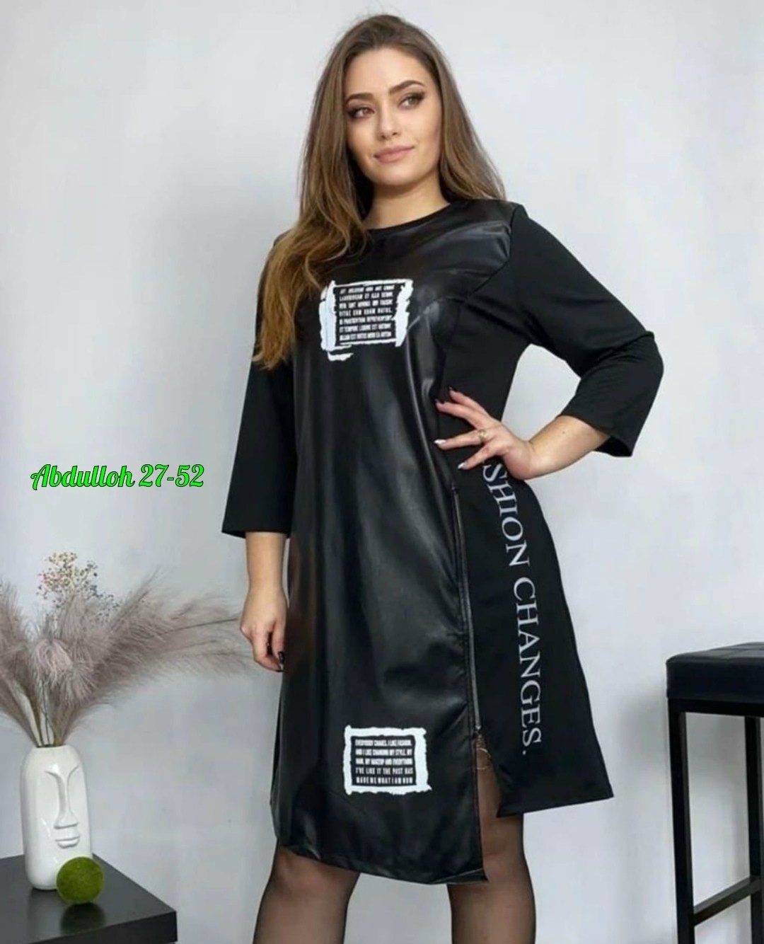 платье туника,платье женская,модные платья 2026,платье из экокожи,платье комбинированное