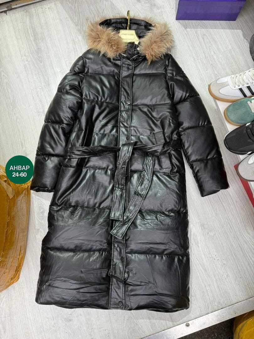 кожаный пуховик,пуховик из экокожи,женский пуховик,кожаный удлиненный пуховик,пуховики с мехом