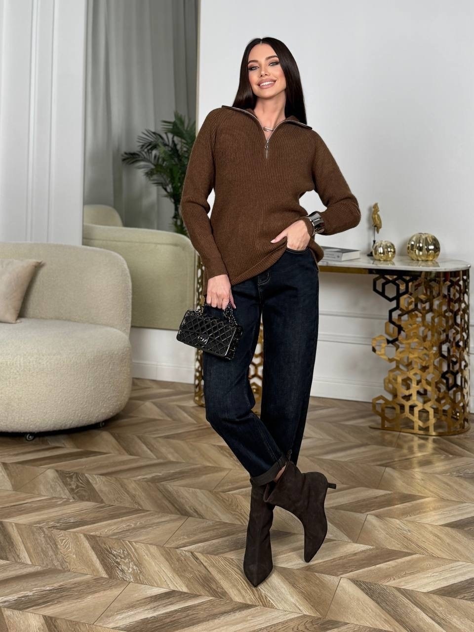свитер на молнии aiden коричневый,свитер оверсайз женский теплый с горлом и полузамком mycloz 517728802,свитер оверсайз теплый с горлом и полузамком mycloz цвет коричневый,женский свитер,женские кофты