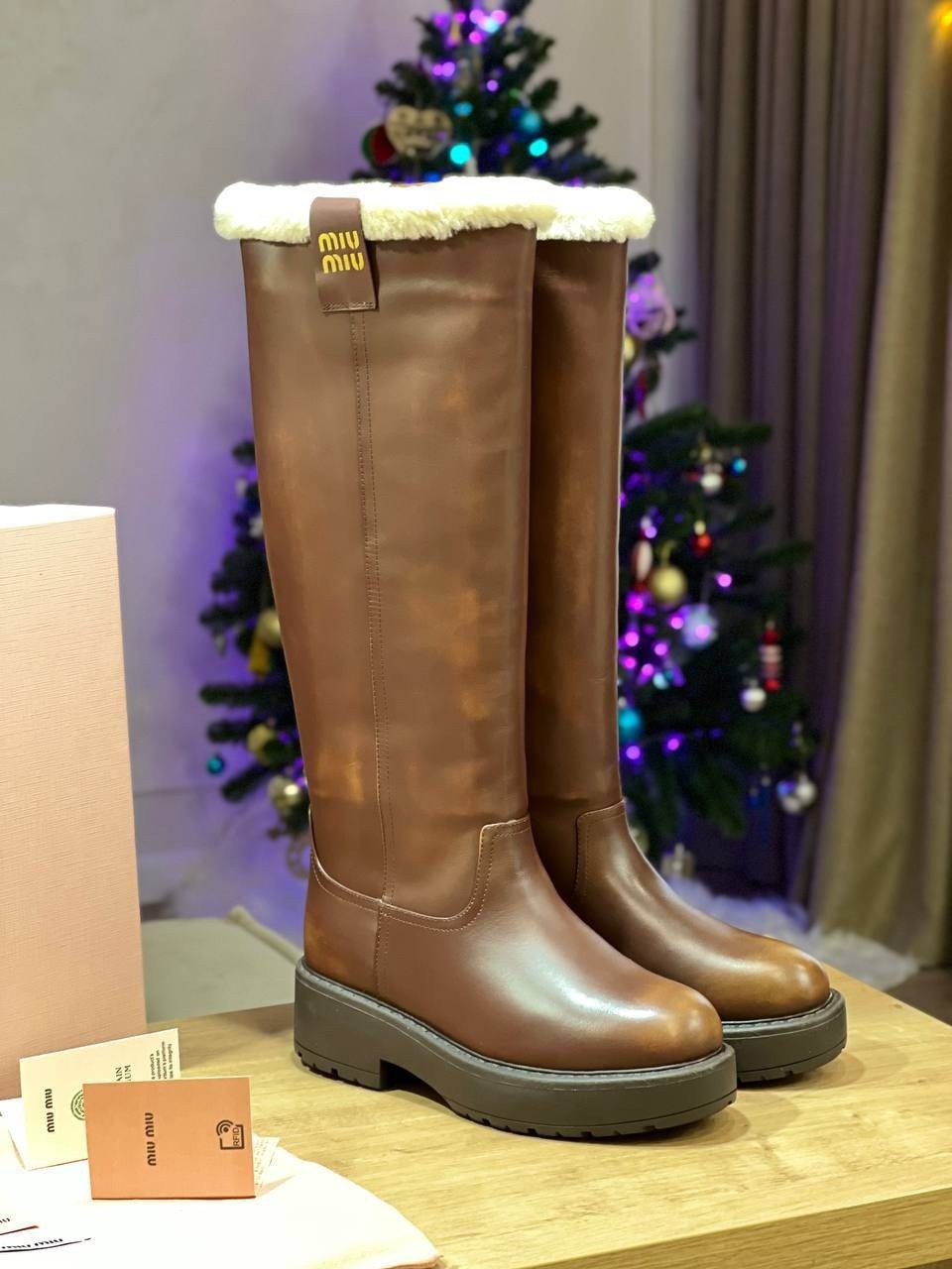 ,женские сапоги,сапоги,женские кожаные сапоги miu miu коричневые на меху,зимние женские сапоги