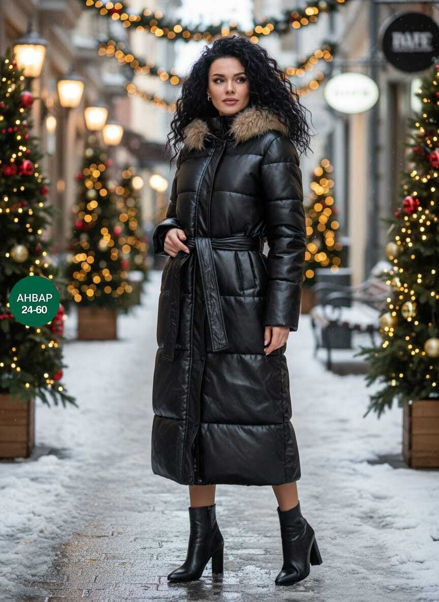 кожаный пуховик,пуховик из экокожи,женский пуховик,кожаный удлиненный пуховик,пуховики с мехом