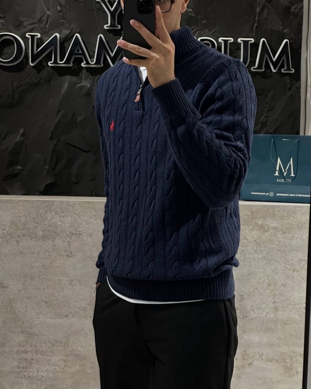 свитер для мужчин,мужская кофта,свитер polo ralph lauren,свитер мужской polo ralph lauren вязаный с воротником на молнии синий,свитер ralph lauren шерстяной трикотаж французский синий