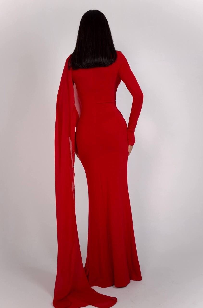 красное вечернее платье-русалка с длинным рукавом,красное вечернее платье,длинное красное шифоновое вечернее платье с накидкой-русалкой и высоким воротником,вечерние платья,длинное платье