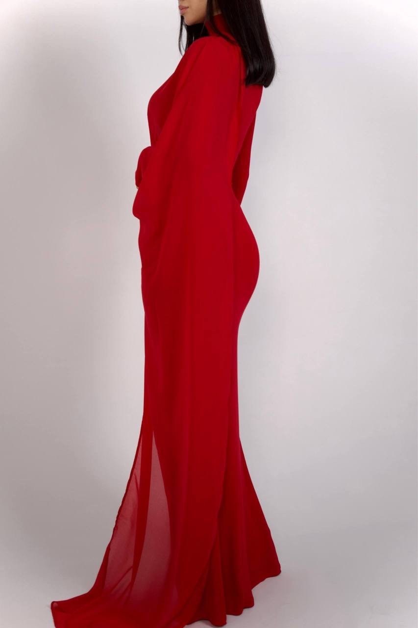 красное вечернее платье-русалка с длинным рукавом,красное вечернее платье,длинное красное шифоновое вечернее платье с накидкой-русалкой и высоким воротником,вечерние платья,длинное платье