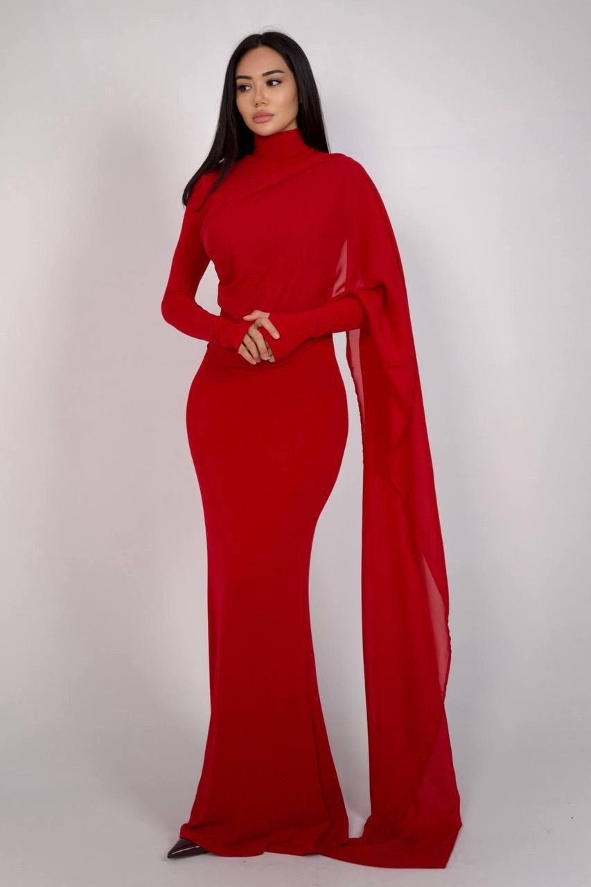 красное вечернее платье-русалка с длинным рукавом,красное вечернее платье,длинное красное шифоновое вечернее платье с накидкой-русалкой и высоким воротником,вечерние платья,длинное платье