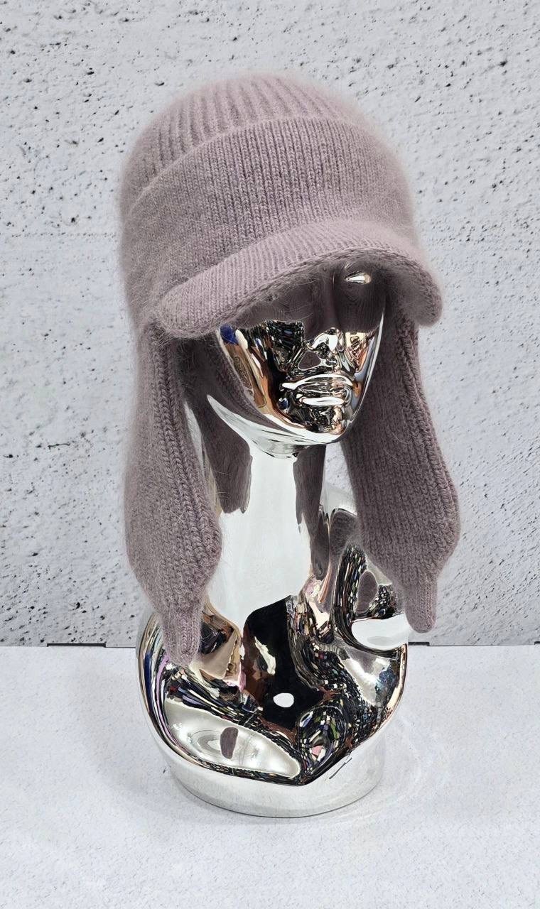 шапка ушанка вязаная зимняя женская ангора,шапка-ушанка двойная из ангоры,шапка ушанка из ангоры вязаная женская шапка кремовая,шапка ушанка из ангоры,шапка-ушанка из пуха норки вязаная пудровая