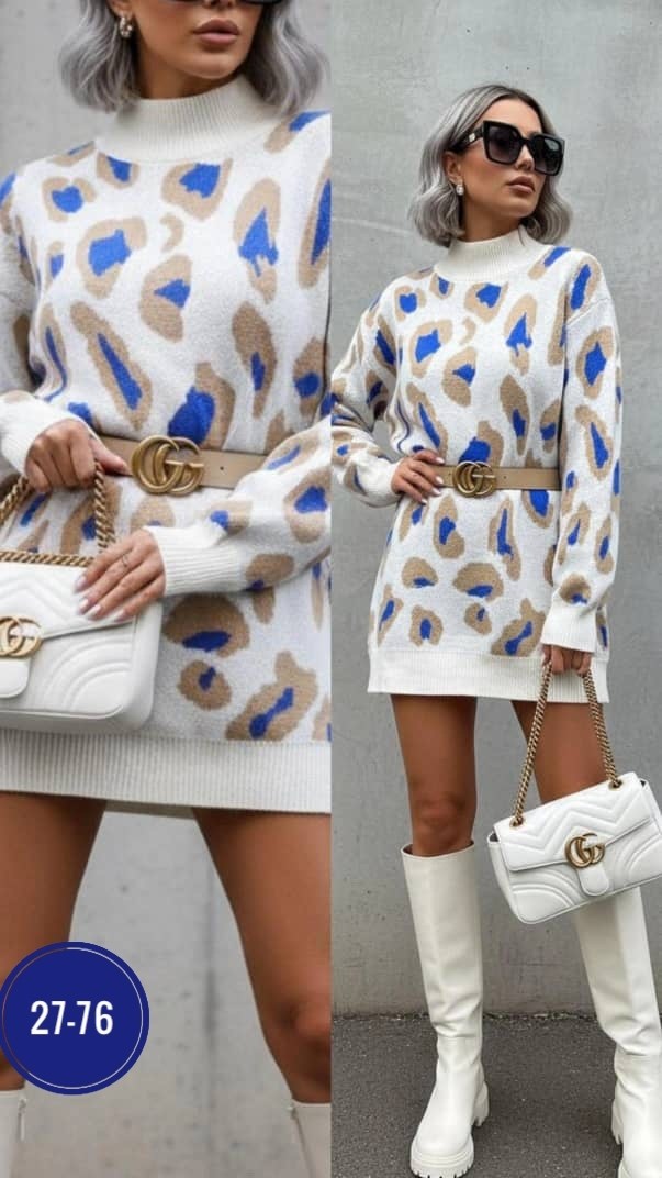 платье 7007 " узор-пятна леопарда № 1",туника женская,женская туника машинная вязка размер единый (42-48),женское платье туника принт леопард с горлом машинная вязка зима осень,туника-платье