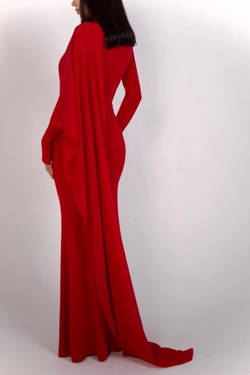красное вечернее платье-русалка с длинным рукавом,красное вечернее платье,длинное красное шифоновое вечернее платье с накидкой-русалкой и высоким воротником,вечерние платья,длинное платье