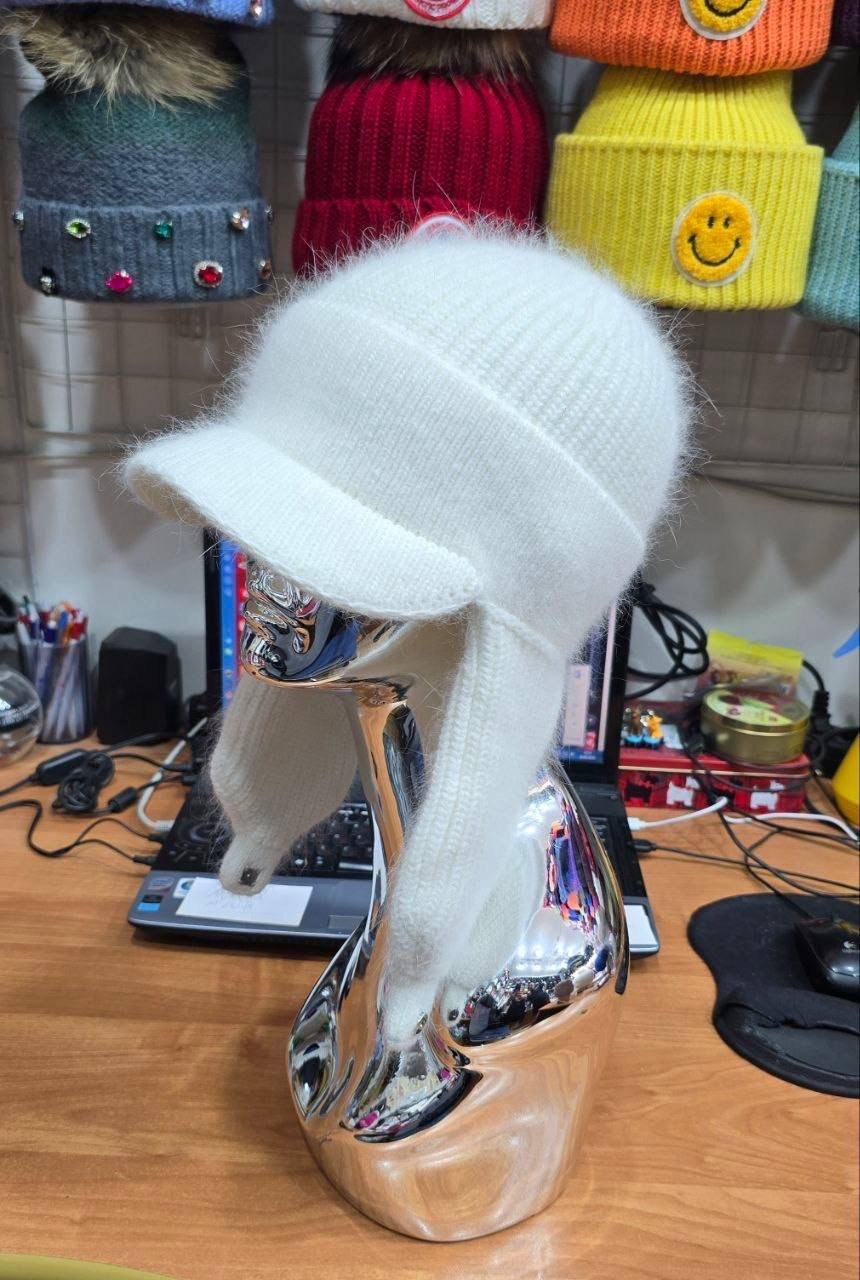 шапка ушанка вязаная зимняя женская ангора,шапка-ушанка двойная из ангоры,шапка ушанка из ангоры вязаная женская шапка кремовая,шапка ушанка из ангоры,шапка-ушанка из пуха норки вязаная пудровая