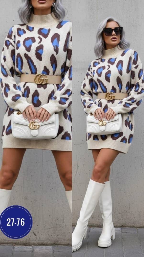 платье 7007 " узор-пятна леопарда № 1",туника женская,женская туника машинная вязка размер единый (42-48),женское платье туника принт леопард с горлом машинная вязка зима осень,туника-платье