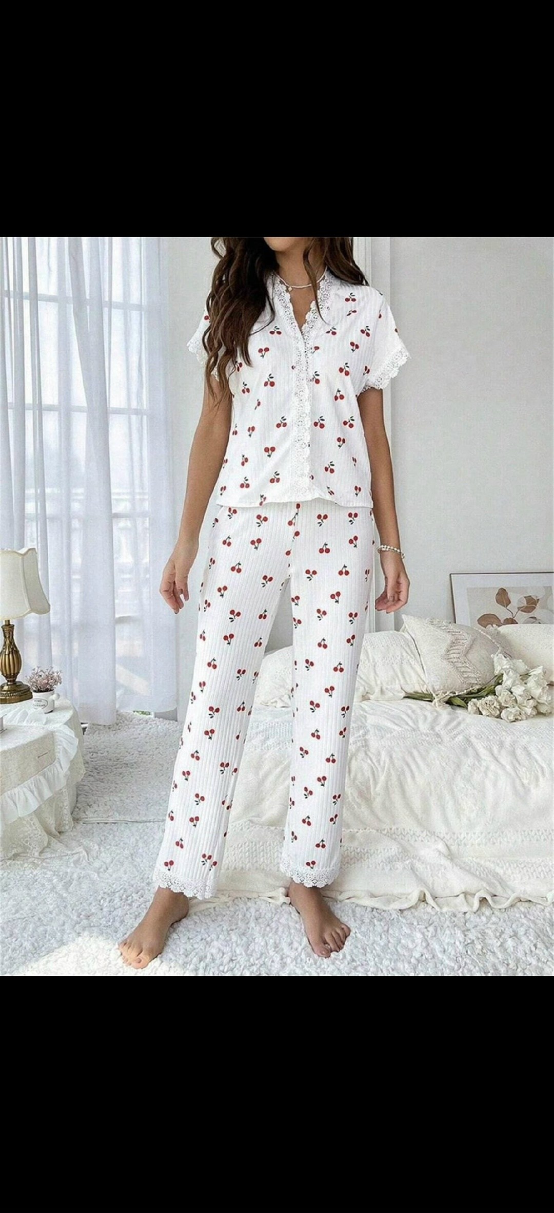 женская домашняя одежда пижамный комплект с принтом вишни,женская пижама,муслиновая пижама со штанами домашняя одежда lessyok 262132171,пижама с вишенками женская zolifon,женская домашняя пижама с при