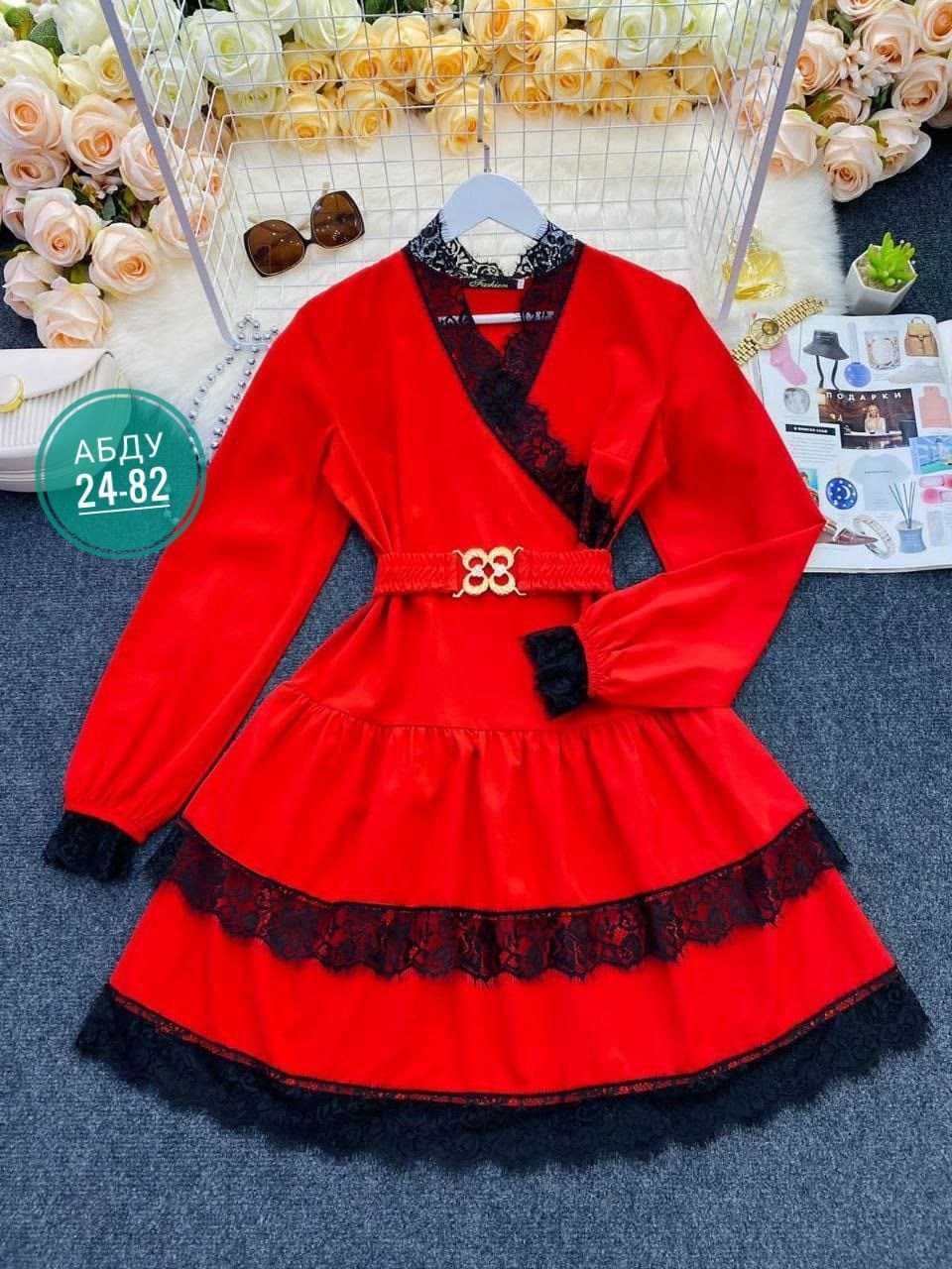 шикарная одежда,платье мини с длинными рукавами,платье мини с оборками,платье с поясом,платье красное