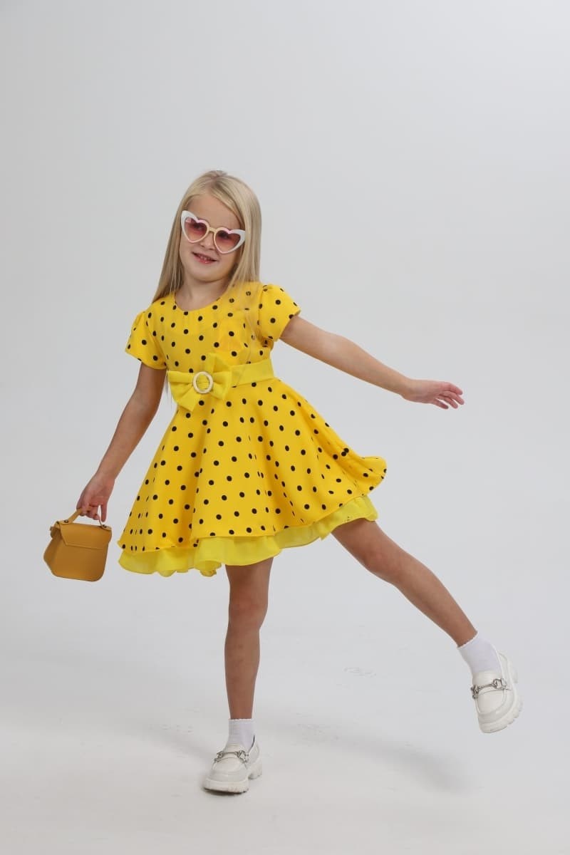 желтое платье в горошек для девочки,платье желтое в горошек детское,платье желтое в горошек,летнее платье для девочки желтое в черный горошек,платье желтое в черный горох для девочки