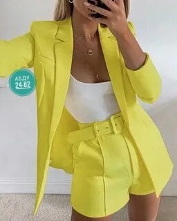 женский костюм с шортами,одежда мода,летний женский деловой костюм с шортами и пиджаком,повседневный костюм,желтый костюм