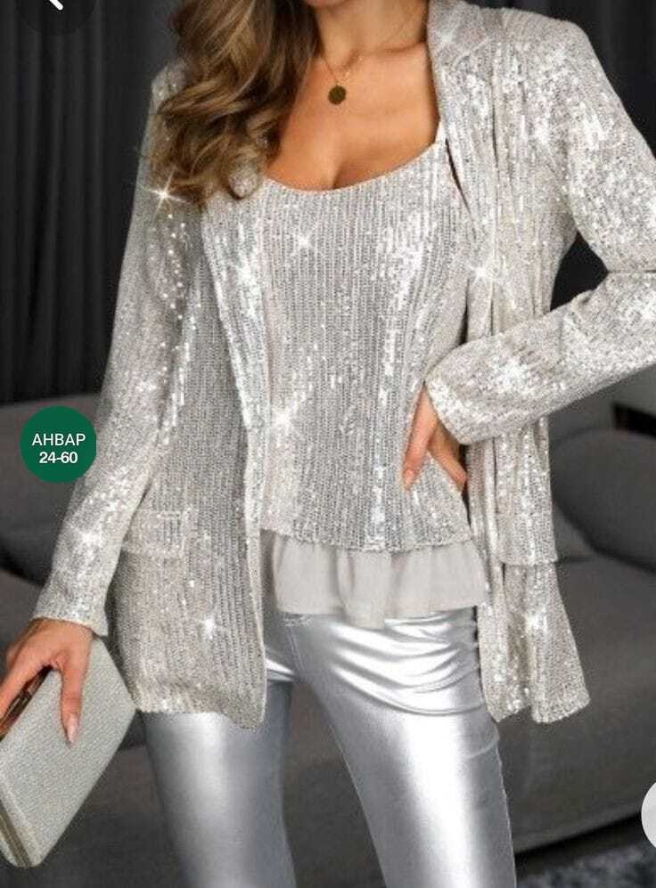 женский костюм двойка с пайетками,блестящий кардиган,женский топ с блестками и пиджак с длинным рукавом блестящий комплект из двух предметов,женский топ с блестками и блейзер длинным рукавом блестящий