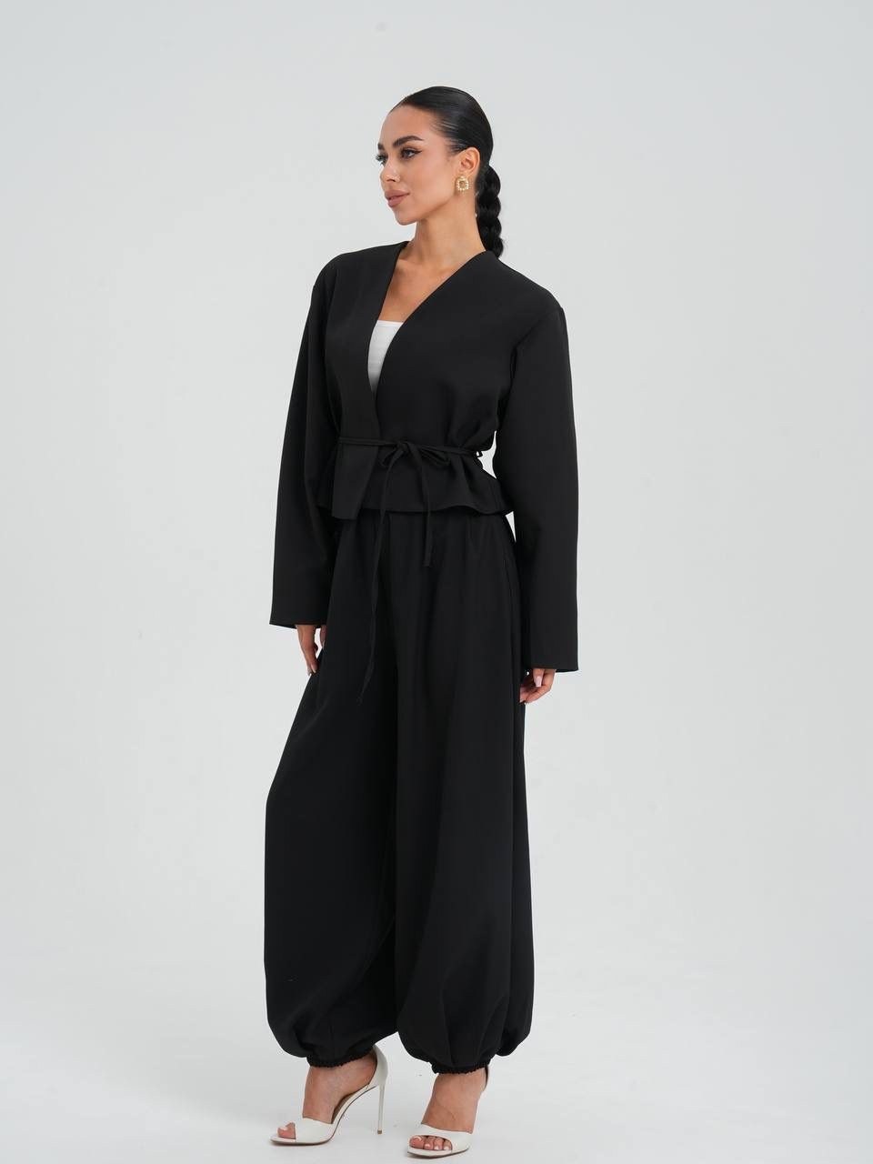 пиджак с поясом,женский костюм,костюм брючный,костюм пиджак,брючный костюм в стиле кимоно